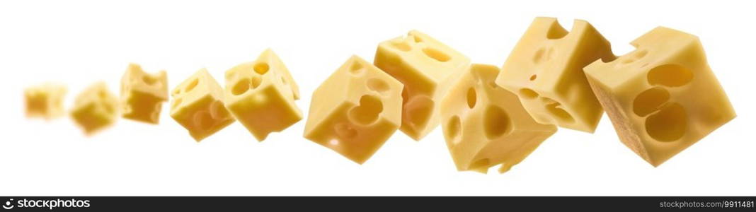 Cheese cubes levitate on a white background.. Cheese cubes levitate on a white background