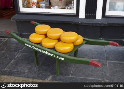 Cheese display in front of a shop in Delft, Netherlands