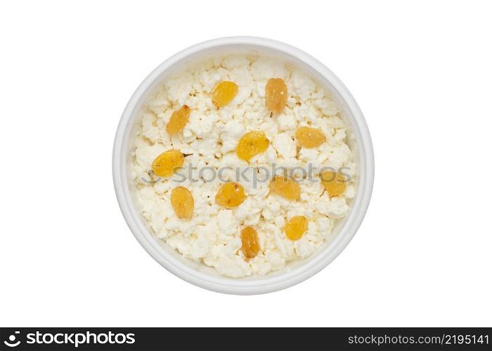 cheese in plastic container isolated on white background with raisins. cheese in plastic container with raisins
