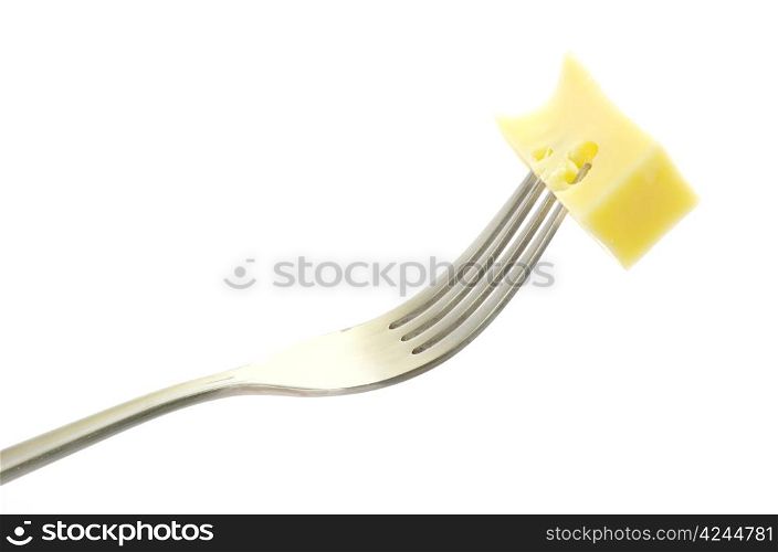 cheese on fork isolated on white background