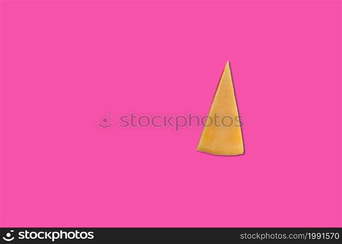 Cheese piece in Creative conceptual top view flat lay composition with copy space isolated on pink background in minimal style