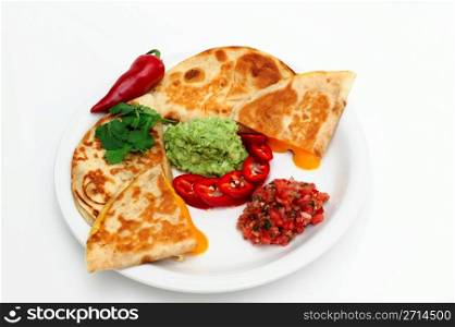 Cheese Quesadilla. Quesadilla&rsquo;s with melted cheddar cheese, guacamole, sliced red chili, tomato salsa topped with a sprig of cilantro.