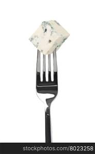 cheese roquefort on a fork. cheese roquefort on a fork. Isolated on a white background