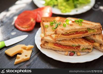 Cheese sandwich with tomato and green lettuce. Cheese sandwich