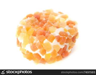 cheese with apricot in front of white background