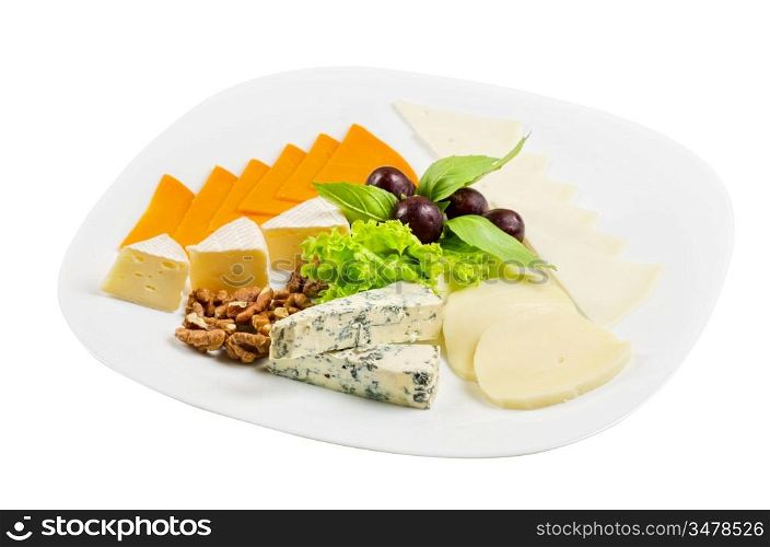 cheese with lettuce, grapes and nuts on white