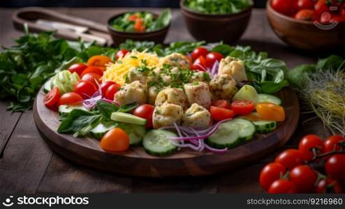 cheese with tomatoes and greens, vegetarian food generative ai.