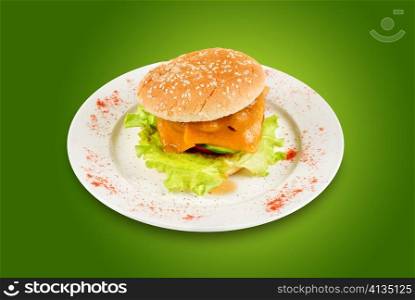 Cheeseburger at plate on a green gradient background