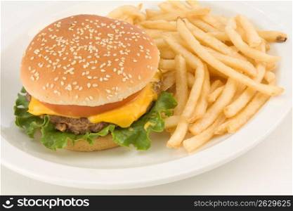 Cheeseburger with french fries on plate, close-up