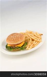 Cheeseburger with french fries on plate, close-up