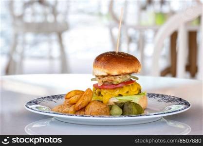 Cheeseburger with pickles and french fries on a porcelain plate