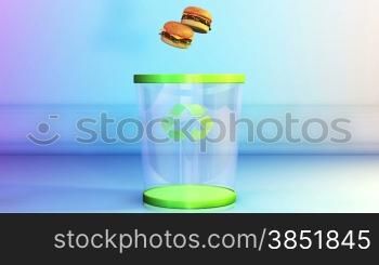Cheeseburgers falling in a Garbage Bin, Dieting Concept