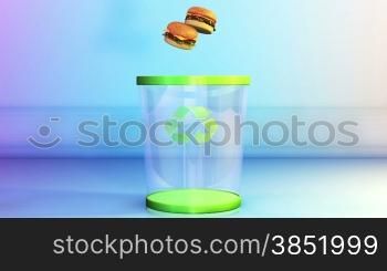 Cheeseburgers falling in a Garbage Bin, Dieting Concept, Alpha
