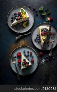Cheesecake slices and berries on serving plates. Illustration Generative AI 