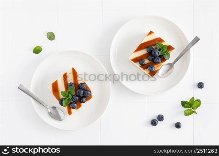 Cheesecake with fresh blueberry, breakfast, top view