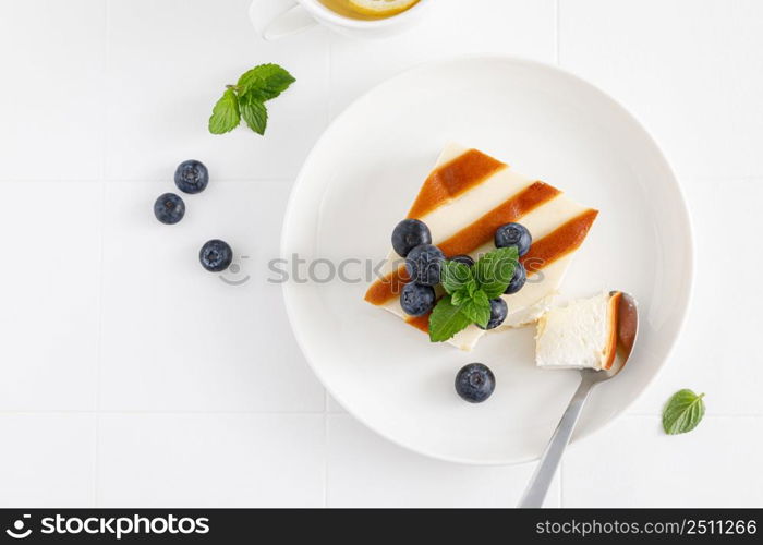 Cheesecake with fresh blueberry, breakfast, top view