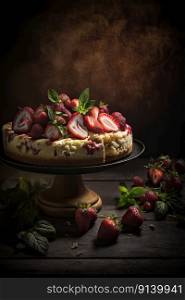 Cheesecake with macerated strawberries. Illustration Generative AI 