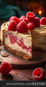 Cheesecake with white chocolate and raspberries. Generative AI. High quality illustration. Cheesecake with white chocolate and raspberries. Generative AI