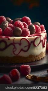 Cheesecake with white chocolate and raspberries. Generative AI. High quality illustration. Cheesecake with white chocolate and raspberries. Generative AI