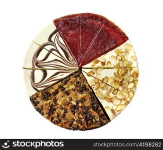 cheesecakes slices, amaretto,chocolate swirl,chocolate turtle and white chocolate raspberry