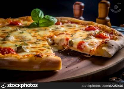 Cheesy pizza with vegetables. Hot cooking. Generate Ai. Cheesy pizza with vegetables. Generate Ai