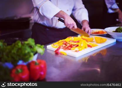 Chef cutting fresh and delicious vegetables for cooking or salad. Chef cutting fresh and delicious vegetables