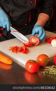 Chef cutting vegetables. Chef cutting vegetables with knife