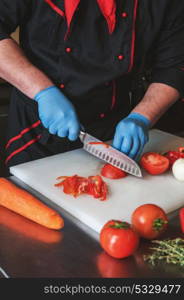 Chef cutting vegetables. Chef cutting vegetables with knife