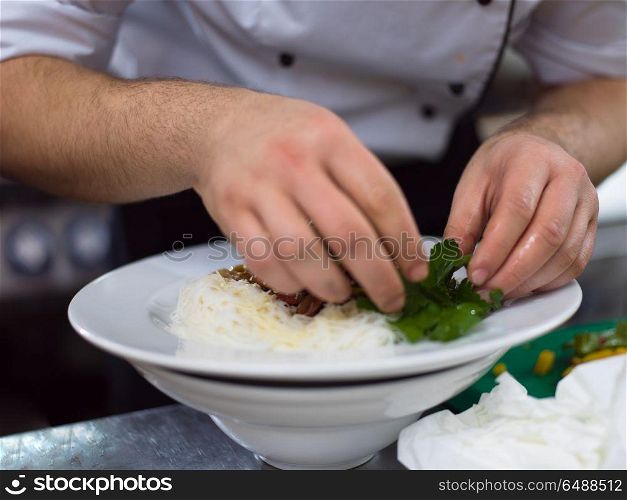 Chef hands serving spaghetti on restaurant kitchen. Chef hands serving spaghetti
