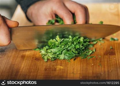 Chef holding a knife, cutting parsley on a wooden cutting board. Chef Holding a Knife and Cutting Parsley on a Wooden Cutting Board