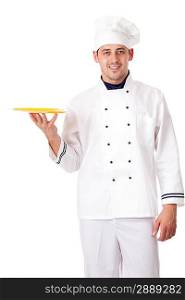 Chef holding plate with something. Isolated over white.