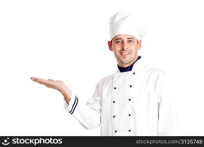 Chef holding something. Isolated over white.