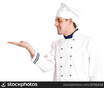 Chef holding something. Isolated over white.