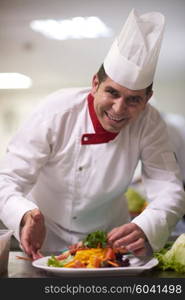 chef in hotel kitchen preparing and decorating food, delicious vegetables and meat meal dinner