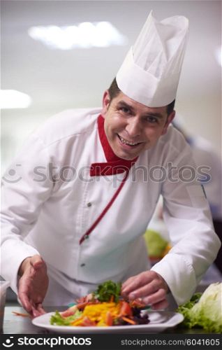chef in hotel kitchen preparing and decorating food, delicious vegetables and meat meal dinner
