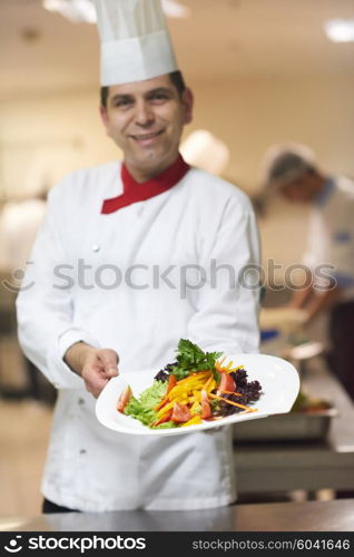 chef in hotel kitchen preparing and decorating food, delicious vegetables and meat meal dinner