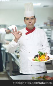 chef in hotel kitchen preparing and decorating food, delicious vegetables and meat meal dinner