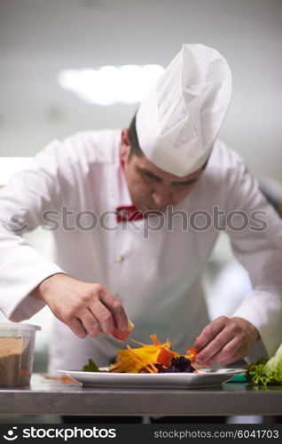 chef in hotel kitchen preparing and decorating food, delicious vegetables and meat meal dinner