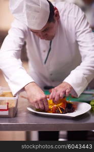 chef in hotel kitchen preparing and decorating food, delicious vegetables and meat meal dinner