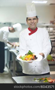 chef in hotel kitchen preparing and decorating food, delicious vegetables and meat meal dinner