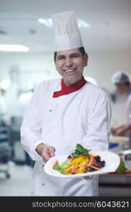 chef in hotel kitchen preparing and decorating food, delicious vegetables and meat meal dinner