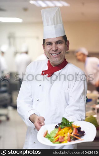 chef in hotel kitchen preparing and decorating food, delicious vegetables and meat meal dinner