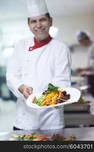 chef in hotel kitchen preparing and decorating food, delicious vegetables and meat meal dinner