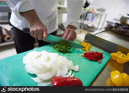 chef in hotel kitchen slice vegetables with knife and prepare food