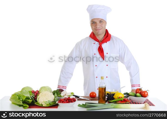 Chef in uniform at restaurant. Isolated on white