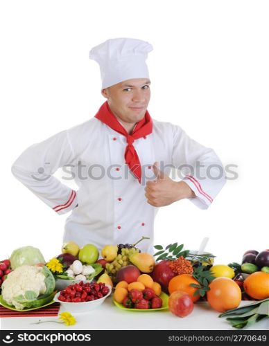 Chef in uniform at restaurant. Isolated on white background