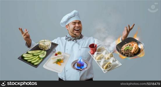 Chef juggling with meals