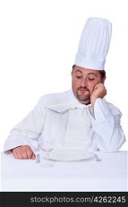Chef looking disdainfully at an empty plate