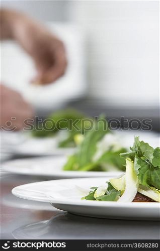 Chef preparing meal, focus on salad in foreground
