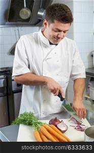 Chef Preparing Vegetables In Restaurant Kitchen